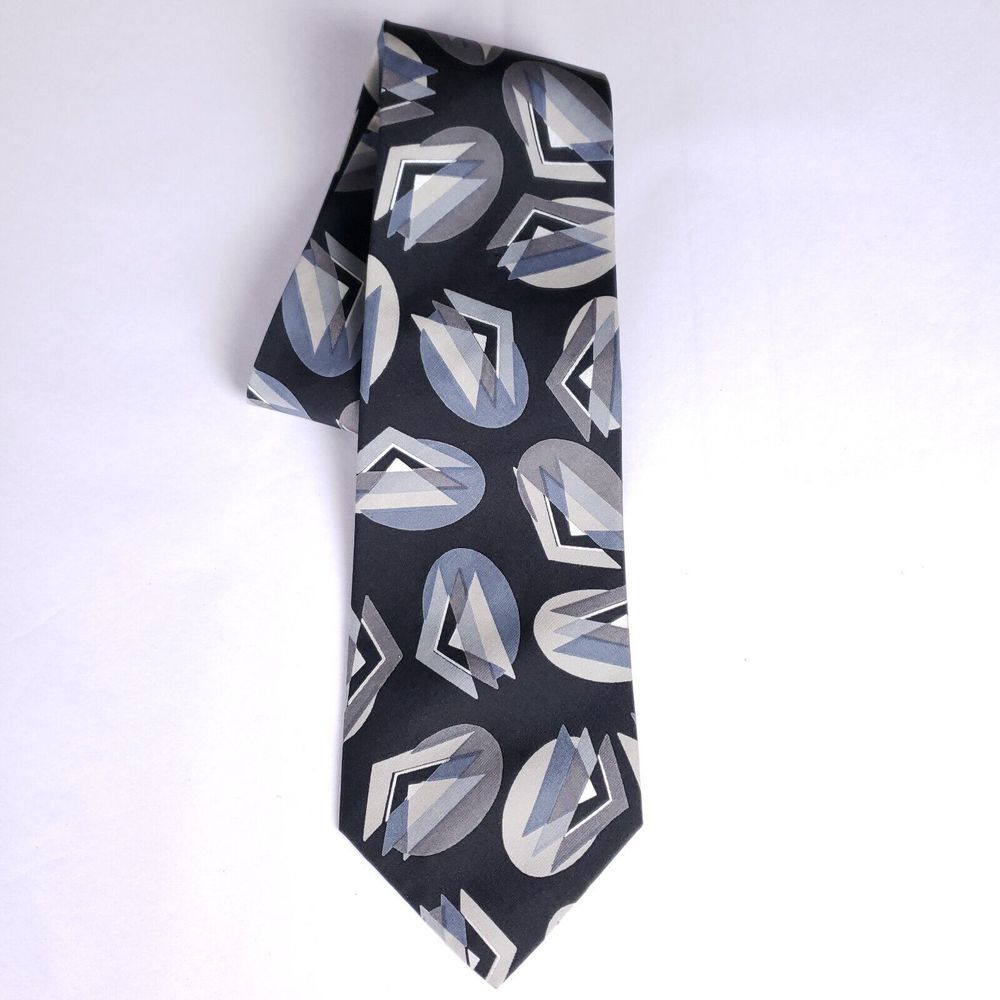 Mulberry Necktie Mens 100% Silk Black Blue Tones Geometric USA Hand‎ Made
